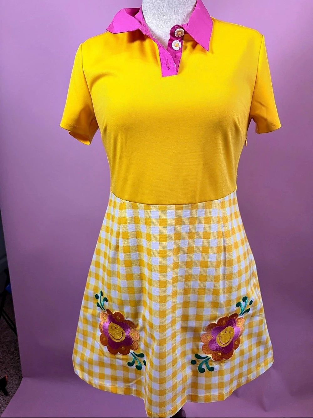 Smak Parlour Smiley Yellow & Pink Gingham Mini Dress Large Like New